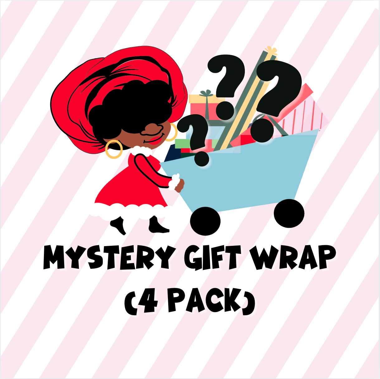 llustration of a festive character dressed in a red holiday outfit with a cart full of wrapped gifts and question marks, promoting the Mystery Gift Wrap (4 Pack) on a pink striped background.”