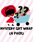 llustration of a festive character dressed in a red holiday outfit with a cart full of wrapped gifts and question marks, promoting the Mystery Gift Wrap (4 Pack) on a pink striped background.”