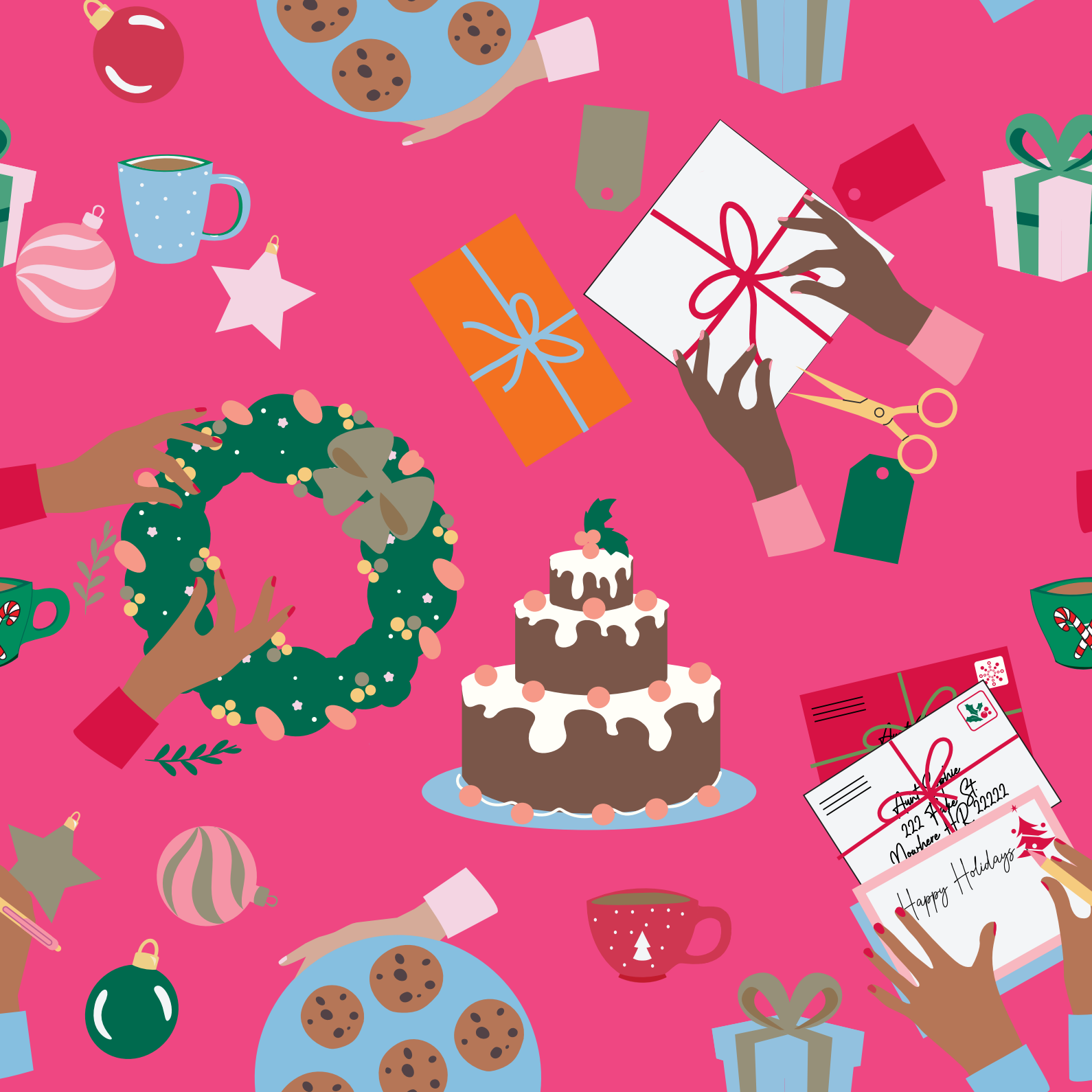 Festive holiday scene featuring hands wrapping gifts, decorating a wreath, holding a tray of cookies, and mailing holiday cards. The pink background is filled with holiday elements like ornaments, presents, mugs of hot cocoa, a decorated cake, and holiday tags, creating a joyful and cozy atmosphere